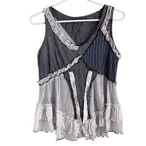 Animale Patchwork Sleeveless Blouse Top Blue White Lace Feminine Whimsy Size 6